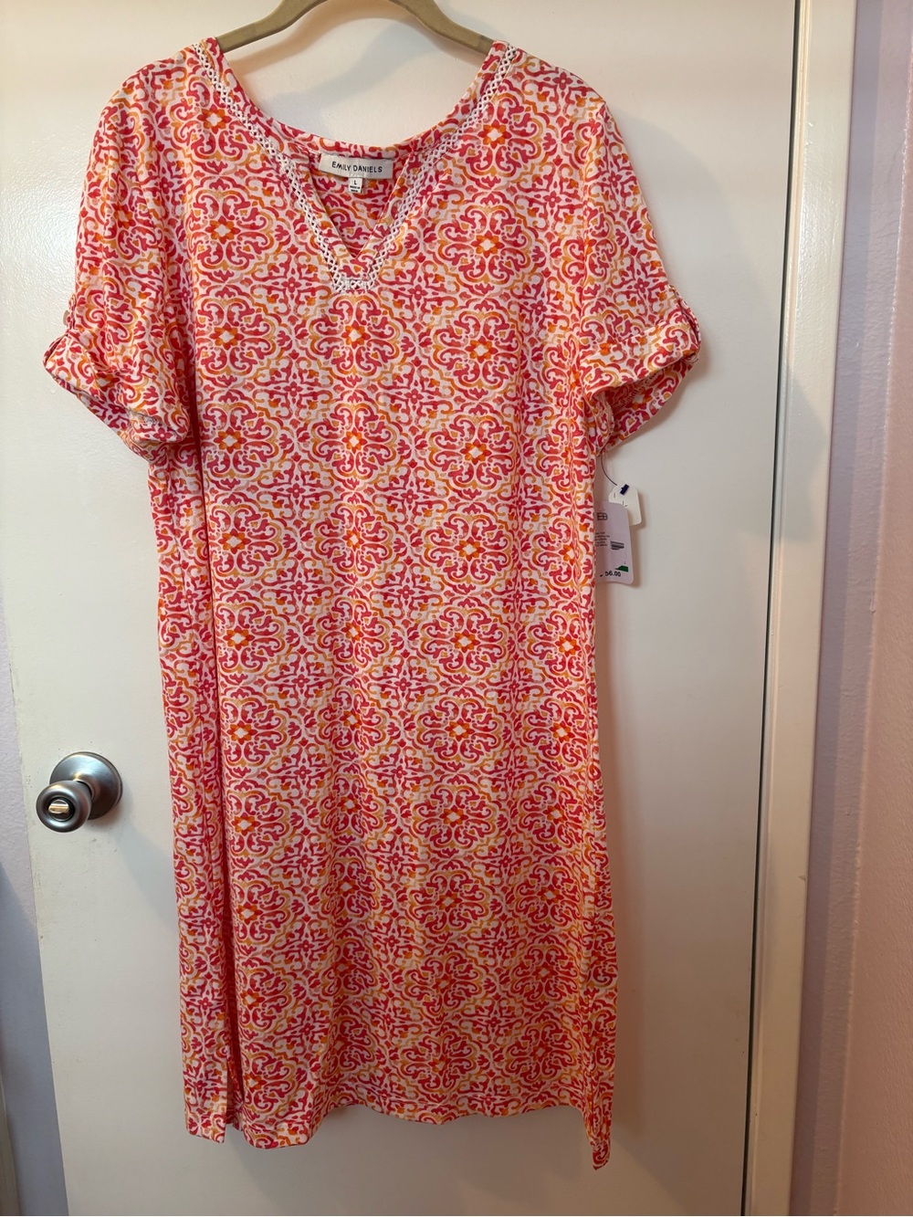 Emily Daniel’s Large Pink & Orange Printed V-Neck Midi Dress (Peach Medallion)